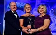 16 November 2019; Carla Rowe of Dublin is presented with her TG4 All Star award by Ard Stiúrthóir TG4, Alan Esslemont and President of LGFA Marie Hickey during the TG4 All-Ireland Ladies Football All Stars Awards banquet, in association with Lidl, at the Citywest Hotel in Saggart, Dublin. Photo by Brendan Moran/Sportsfile