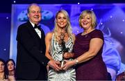 16 November 2019; Orla Finn of Cork is presented with her TG4 All Star award by Ard Stiúrthóir TG4, Alan Esslemont and President of LGFA Marie Hickey during the TG4 All-Ireland Ladies Football All Stars Awards banquet, in association with Lidl, at the Citywest Hotel in Saggart, Dublin. Photo by Brendan Moran/Sportsfile