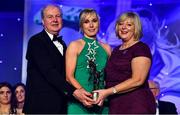 16 November 2019; Tracey Leonard of Galway is presented with her TG4 All Star award by Ard Stiúrthóir TG4, Alan Esslemont and President of LGFA Marie Hickey during the TG4 All-Ireland Ladies Football All Stars Awards banquet, in association with Lidl, at the Citywest Hotel in Saggart, Dublin. Photo by Brendan Moran/Sportsfile