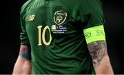 14 November 2019; A detailed view of the jersey and captains armband worn by Robbie Brady of Republic of Ireland during the International Friendly match between Republic of Ireland and New Zealand at the Aviva Stadium in Dublin. Photo by Stephen McCarthy/Sportsfile