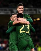 14 November 2019; Derrick Williams celebrates with Republic of Ireland team-mates Troy Parrott, left, and Kevin Long, right, after scoring his side's opening goal during the International Friendly match between Republic of Ireland and New Zealand at the Aviva Stadium in Dublin. Photo by Stephen McCarthy/Sportsfile