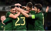 14 November 2019; Derrick Williams, 23, celebrates with Republic of Ireland team-mates Troy Parrott, left, and Kevin Long and Robbie Brady, right, after scoring his side's opening goal during the International Friendly match between Republic of Ireland and New Zealand at the Aviva Stadium in Dublin. Photo by Stephen McCarthy/Sportsfile