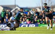 17 November 2019; Bundee Aki offloads to Connacht team-mate Tom Daly during the Heineken Champions Cup Pool 5 Round 1 match between Connacht and Montpellier at The Sportsground in Galway. Photo by Ramsey Cardy/Sportsfile