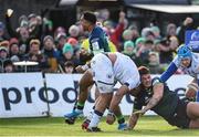 17 November 2019; Bundee Aki celebrates a try by Connacht team-mate Tom McCartney during the Heineken Champions Cup Pool 5 Round 1 match between Connacht and Montpellier at The Sportsground in Galway. Photo by Ramsey Cardy/Sportsfile