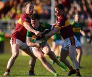 17 November 2019; Seán O'Connor of Clonmel Commercials in action against Gearoid Curtin, left, and Eoin O'Brien of St. Joseph's Miltown Malbay during the AIB Munster GAA Football Senior Club Championship semi-final match between St. Joseph’s Miltown Malbay and Clonmel Commercials at Hennessy Memorial Park in Miltown Malbay, Clare. Photo by Sam Barnes/Sportsfile