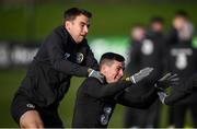 17 November 2019; Josh Cullen and Seamus Coleman, left, during a Republic of Ireland training session at the FAI National Training Centre in Abbotstown, Dublin. Photo by Stephen McCarthy/Sportsfile