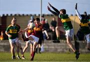 17 November 2019; Kieran Malone of St. Joseph's Miltown Malbay takes a shot at goal despite the efforts of Liam Ryan, centre, and Colman Kennedy of Clonmel Commercials during the AIB Munster GAA Football Senior Club Championship semi-final match between St. Joseph’s Miltown Malbay and Clonmel Commercials at Hennessy Memorial Park in Miltown Malbay, Clare. Photo by Sam Barnes/Sportsfile