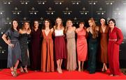 16 November 2019; Dublin footballers, from left, Sinéad Aherne, Éabha Rutledge, Niamh Collins, Aoife Kane, Ciara Trant, Martha Byrne, Siobhán McGrath, Lauren Magee, Olwen Carey, and Lyndsey Davey, during the TG4 All-Ireland Ladies Football All Stars Awards banquet, in association with Lidl, at the Citywest Hotel in Saggart, Dublin. Photo by Brendan Moran/Sportsfile