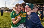17 November 2019; Kevin Fahey, left, and Ross Peters of Clonmel Commercials, celebrate with Clonmel Commercials supporter Joe McNamara, right, following the AIB Munster GAA Football Senior Club Championship semi-final match between St. Joseph’s Miltown Malbay and Clonmel Commercials at Hennessy Memorial Park in Miltown Malbay, Clare. Photo by Sam Barnes/Sportsfile