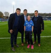 16 November 2019; Matchday mascot 12 year old Theodora McDonnell, from Ranelagh, Dublin, with Leinster players Hugo Keenan, Jimmy O'Brien and Bryan Byrne ahead of the Heineken Champions Cup Pool 1 Round 1 match between Leinster and Benetton at the RDS Arena in Dublin. Photo by Ramsey Cardy/Sportsfile