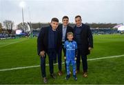 16 November 2019; Matchday mascot 9 year old Elijah Monahan, from Booterstown, Dublin, with Leinster players Hugo Keenan, Jimmy O'Brien and Bryan Byrne ahead of the Heineken Champions Cup Pool 1 Round 1 match between Leinster and Benetton at the RDS Arena in Dublin. Photo by Ramsey Cardy/Sportsfile