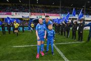 16 November 2019; Matchday mascots 9 year old Elijah Monahan, from Booterstown, Dublin, and 12 year old Theodora McDonnell, from Ranelagh, Dublin, with Leinster captain Jonathan Sexton ahead of the Heineken Champions Cup Pool 1 Round 1 match between Leinster and Benetton at the RDS Arena in Dublin. Photo by Ramsey Cardy/Sportsfile