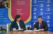 18 November 2019; Signing the memorandum of understanding between Leinster rugby and IT Carlow to announce their continued partnership are IT Carlow President Patricia Mulcahy and Leinster Rugby CEO Michael Dawson at the Institute of Technology Carlow. Photo by David Fitzgerald/Sportsfile