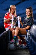 18 November 2019; Naomh Pól Captain Áine Tubridy, left, and Amy Gavin Mangan of Naomh Ciarán, with the Ladies All-Ireland Intermediate Club Trophy during LGFA All-Ireland Club Finals Captains Day at Croke Park in Dublin. Photo by Sam Barnes/Sportsfile