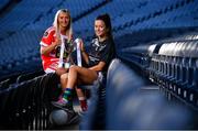 18 November 2019; Naomh Pól Captain Áine Tubridy, left, and Amy Gavin Mangan of Naomh Ciarán, with the Ladies All-Ireland Intermediate Club Trophy during LGFA All-Ireland Club Finals Captains Day at Croke Park in Dublin. Photo by Sam Barnes/Sportsfile