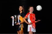 18 November 2019; Eimear Meaney of Mourneabbey, left, and Louise Ward, captain of Kilkerrin-Clonberne, with the Dolores Tyrrell Memorial Cup ahead of the Senior Ladies All-Ireland Club Final, during LGFA All-Ireland Club Finals Captains Day at Croke Park in Dublin. Photo by Sam Barnes/Sportsfile