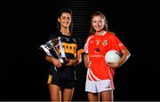 18 November 2019; Eimear Meaney of Mourneabbey, left, and Louise Ward, captain of Kilkerrin-Clonberne, with the Dolores Tyrrell Memorial Cup ahead of the Senior Ladies All-Ireland Club Final, during LGFA All-Ireland Club Finals Captains Day at Croke Park in Dublin. Photo by Sam Barnes/Sportsfile