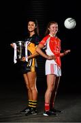 18 November 2019; Eimear Meaney of Mourneabbey, left, and Louise Ward, captain of Kilkerrin-Clonberne, with the Dolores Tyrrell Memorial Cup ahead of the Senior Ladies All-Ireland Club Final, during LGFA All-Ireland Club Finals Captains Day at Croke Park in Dublin. Photo by Sam Barnes/Sportsfile
