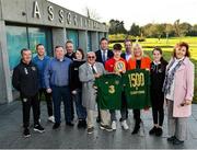 18 November 2019; Mrs Brown's Boys and the FAI have today announced the latest phase of their innovative six-year Heart Care Programme, which has already screened over 1600 boys and girls in the National Leagues. Pictured in attendance is, from left, Dr Alan Byrne, FAI Medical Director & Senior Men's Team Doctor, former League of Ireland player Sean Prunty, Conor O'Connell, father of James O'Connell, David Greville, Heart Safety Solutions, Maria O'Connell, Mrs. Brown's Boys' Brendan O'Carroll, FAI General Manager Noel Mooney, James O'Connell, one of 85 young footballers successfully refereed for cardiology assessment and treatment, Ed Donovan, CEO AMS, Mrs. Brown's Boys' Jenny Gibney, Anabel O'Connell, and Sarah O'Connell at FAI Headquarters in Abbotstown, Dublin. Photo by Seb Daly/Sportsfile