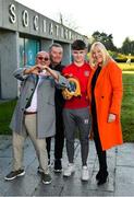 18 November 2019; Mrs Brown's Boys and the FAI have today announced the latest phase of their innovative six-year Heart Care Programme, which has already screened over 1600 boys and girls in the National Leagues. Pictured in attendance is Mrs. Brown's Boys Brendan O'Carroll, left, and Jenny Gibney, right, with James O'Connell, centre, one of 85 young footballers successfully referred for cardiology assessment and treatment, and Alan Byrne, FAI Medical Director & Senior Men's Team Doctor, at FAI Headquarters in Abbotstown, Dublin. Photo by Seb Daly/Sportsfile