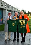 18 November 2019; Mrs Brown's Boys and the FAI have today announced the latest phase of their innovative six-year Heart Care Programme, which has already screened over 1600 boys and girls in the National Leagues. Pictured in attendance is Mrs. Brown's Boys Brendan O'Carroll, left, and Jenny Gibney, right, with Alan Byrne, FAI Medical Director & Senior Men's Team Doctor, at FAI Headquarters in Abbotstown, Dublin. Photo by Seb Daly/Sportsfile
