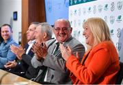 18 November 2019; Mrs Brown's Boys and the FAI have today announced the latest phase of their innovative six-year Heart Care Programme, which has already screened over 1600 boys and girls in the National Leagues. Pictured during the press conference is Mrs. Brown's Boys' Brendan O'Carroll and Jenny Gibney, at FAI Headquarters in Abbotstown, Dublin. Photo by Seb Daly/Sportsfile