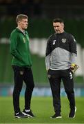 18 November 2019; James McClean of Republic of Ireland and assistant coach Robbie Keane prior to the UEFA EURO2020 Qualifier match between Republic of Ireland and Denmark at the Aviva Stadium in Dublin. Photo by Seb Daly/Sportsfile