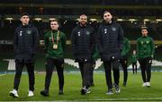 18 November 2019; Players, from left, Callum O'Dowda, Josh Cullen, David McGoldrick, Richard Keogh, and Callum Robinson of Republic of Ireland prior to the UEFA EURO2020 Qualifier match between Republic of Ireland and Denmark at the Aviva Stadium in Dublin. Photo by Stephen McCarthy/Sportsfile