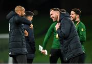 18 November 2019; David McGoldrick, left, with Richard Keogh of Republic of Ireland prior to the UEFA EURO2020 Qualifier match between Republic of Ireland and Denmark at the Aviva Stadium in Dublin. Photo by Seb Daly/Sportsfile