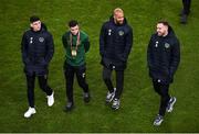 18 November 2019; Players, from left, Callum O'Dowda, Josh Cullen, David McGoldrick, and Richard Keogh of Republic of Ireland prior to the UEFA EURO2020 Qualifier match between Republic of Ireland and Denmark at the Aviva Stadium in Dublin. Photo by Ben McShane/Sportsfile