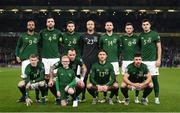 18 November 2019; The Republic of Ireland team, back row, from left to right, David McGoldrick, Shane Duffy, Matt Doherty, Darren Randolph, Conor Hourihane, Alan Browne and John Egan. Front row, from left to right, James McClean, Glenn Whelan, Jeff Hendrick and Enda Stevens prior to the UEFA EURO2020 Qualifier match between Republic of Ireland and Denmark at the Aviva Stadium in Dublin. Photo by Stephen McCarthy/Sportsfile