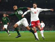 18 November 2019; David McGoldrick of Republic of Ireland in action against Henrik Dalsgaard of Denmark during the UEFA EURO2020 Qualifier match between Republic of Ireland and Denmark at the Aviva Stadium in Dublin. Photo by Stephen McCarthy/Sportsfile