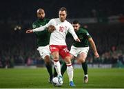 18 November 2019; Christian Eriksen of Denmark in action against David McGoldrick and Enda Stevens of Republic of Ireland during the UEFA EURO2020 Qualifier match between Republic of Ireland and Denmark at the Aviva Stadium in Dublin. Photo by Stephen McCarthy/Sportsfile