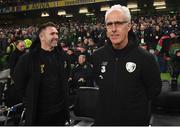 18 November 2019; Republic of Ireland manager Mick McCarthy, right and assistant coach Robbie Keane prior to the UEFA EURO2020 Qualifier match between Republic of Ireland and Denmark at the Aviva Stadium in Dublin. Photo by Stephen McCarthy/Sportsfile