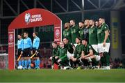 18 November 2019; The Republic of Ireland team, back row, from left to right, David McGoldrick, Shane Duffy, Matt Doherty, Darren Randolph, Conor Hourihane, Alan Browne and John Egan. Front row, from left to right, James McClean, Glenn Whelan, Jeff Hendrick and Enda Stevens prior to the UEFA EURO2020 Qualifier match between Republic of Ireland and Denmark at the Aviva Stadium in Dublin. Photo by Harry Murphy/Sportsfile