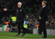 18 November 2019; Republic of Ireland manager Mick McCarthy, left, and Denmark manager Åge Hareide during the UEFA EURO2020 Qualifier match between Republic of Ireland and Denmark at the Aviva Stadium in Dublin. Photo by Eóin Noonan/Sportsfile