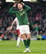 18 November 2019; Conor Hourihane of Republic of Ireland reacts after a missed goal opportunity during the UEFA EURO2020 Qualifier match between Republic of Ireland and Denmark at the Aviva Stadium in Dublin. Photo by Seb Daly/Sportsfile