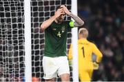 18 November 2019; Shane Duffy of Republic of Ireland reacts after a missed chance on goal during the UEFA EURO2020 Qualifier match between Republic of Ireland and Denmark at the Aviva Stadium in Dublin. Photo by Stephen McCarthy/Sportsfile