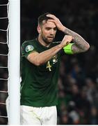 18 November 2019; Shane Duffy of Republic of Ireland reacts after a missed goal opportunity during the UEFA EURO2020 Qualifier match between Republic of Ireland and Denmark at the Aviva Stadium in Dublin. Photo by Eóin Noonan/Sportsfile
