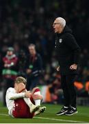 18 November 2019; Republic of Ireland manager Mick McCarthy reacts after Glenn Whelan of Republic of Ireland received a yellow card for a foul on Jens Stryger Larsen of Denmark, left, during the UEFA EURO2020 Qualifier match between Republic of Ireland and Denmark at the Aviva Stadium in Dublin. Photo by Eóin Noonan/Sportsfile