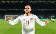 18 November 2019; Martin Braithwaite of Denmark celebrates after scoring his side's first goal during the UEFA EURO2020 Qualifier match between Republic of Ireland and Denmark at the Aviva Stadium in Dublin. Photo by Eóin Noonan/Sportsfile