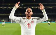 18 November 2019; Martin Braithwaite of Denmark celebrates after scoring his side's first goal during the UEFA EURO2020 Qualifier match between Republic of Ireland and Denmark at the Aviva Stadium in Dublin. Photo by Eóin Noonan/Sportsfile
