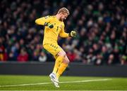 18 November 2019; Kasper Schmeichel of Denmark celebrates his side's first goal during the UEFA EURO2020 Qualifier match between Republic of Ireland and Denmark at the Aviva Stadium in Dublin. Photo by Harry Murphy/Sportsfile