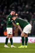 18 November 2019; Shane Duffy reacts with Alan Browne of Republic of Ireland following the UEFA EURO2020 Qualifier match between Republic of Ireland and Denmark at the Aviva Stadium in Dublin. Photo by Harry Murphy/Sportsfile