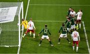 18 November 2019; Kasper Schmeichel of Denmark is beaten by Matt Doherty of Republic of Ireland as he heads to score his side's first goal during the UEFA EURO2020 Qualifier match between Republic of Ireland and Denmark at the Aviva Stadium in Dublin. Photo by Ray McManus/Sportsfile