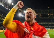 18 November 2019; Kasper Schmeichel of Denmark celebrates after the UEFA EURO2020 Qualifier match between Republic of Ireland and Denmark at the Aviva Stadium in Dublin. Photo by Eóin Noonan/Sportsfile