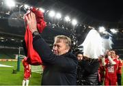 18 November 2019; Denmark manager Åge Hareide celebrates after the UEFA EURO2020 Qualifier match between Republic of Ireland and Denmark at the Aviva Stadium in Dublin. Photo by Eóin Noonan/Sportsfile