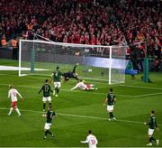 18 November 2019; Martin Braithwaite of Denmark shoots to score his side's first goal during the UEFA EURO2020 Qualifier match between Republic of Ireland and Denmark at the Aviva Stadium in Dublin. Photo by Ray McManus/Sportsfile