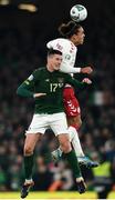18 November 2019; Ciaran Clark of Republic of Ireland in action against Yussuf Poulsen of Denmark during the UEFA EURO2020 Qualifier match between Republic of Ireland and Denmark at the Aviva Stadium in Dublin. Photo by Eóin Noonan/Sportsfile