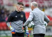 18 November 2019; Patrick McGarvey of Republic of Ireland with goalkeeping coach Josh Moran in the warm-up before the UEFA Under-17 European Championship Qualifier match between Republic of Ireland and Israel at Turner's Cross in Cork. Photo by Piaras Ó Mídheach/Sportsfile